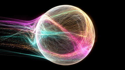 Abstract dynamic glowing sphere with vibrant colorful particle trails moving fast in dark space.