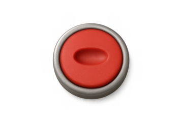 Red push button with metallic chrome ring and concave detail, pressing emergency, alert, or stop control