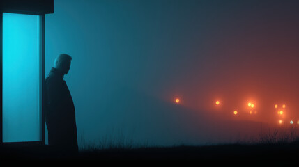 Cinematic silhouette of solitary man standing in blue foggy night with distant lights.

