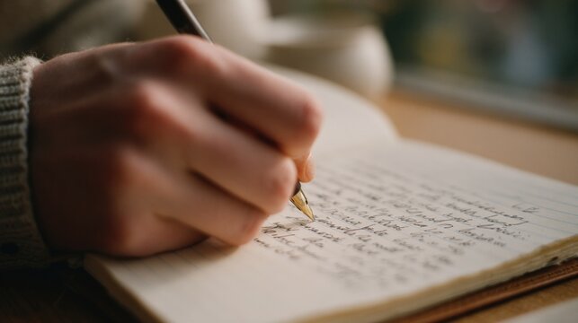 Person's hand holding a fountain pen and writing in an open notebook. the notebook is resting on a wooden table with a blurred background.