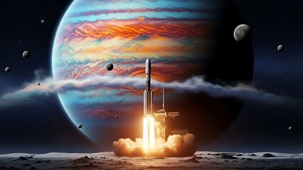 Rocket launch towards Jupiter with moons in a vibrant space scene
