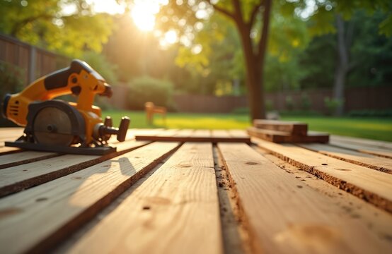 Circular saw on wooden deck planks in backyard with tree and green lawn. Wooden boards for decking installation. Building or repairing outdoor patio with power tool in garden yard.