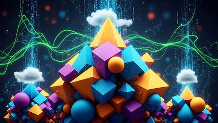 Abstract geometric shapes with data streams and cloud computing elements