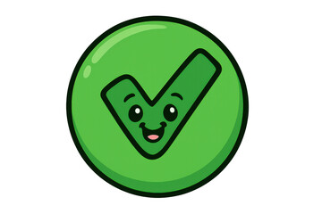 Fototapeta premium Green smiling check mark cartoon character icon symbolizing approval, completion, verification, and correct choice on transparent background