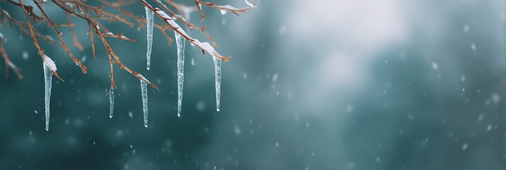 Branch covered in icicles is shown against a blue sky