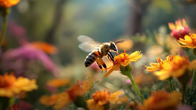 Busy honey bee hovers over bright wildflowers in a vibrant garden during the sunny afternoon of late spring