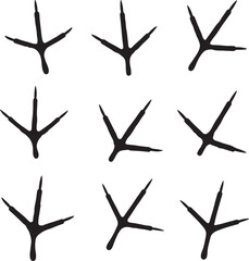 Nine Black Bird Footprints Silhouettes on White Background