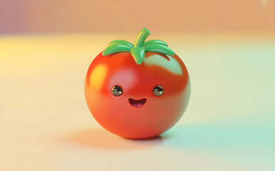 3d rendered cute tomato character, glossy red vegetable mascot, smiling face emoji, cartoon food icon, soft lighting gradient background, for nutrition, kids, healthy lifestyle, agriculture concept.