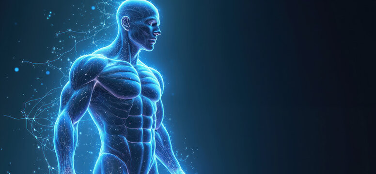 Blue glowing muscular male body illustrates human anatomy strength energy. Digital illustration shows nervous system health tech concept. Mind body connection, vitality for future wellness