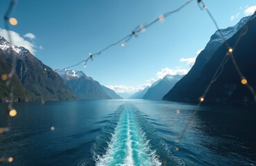 View from ship stern shows wake in calm blue water between steep green mountains. Snow capped peaks under clear sky. Ship travels through scenic fjord landscape.