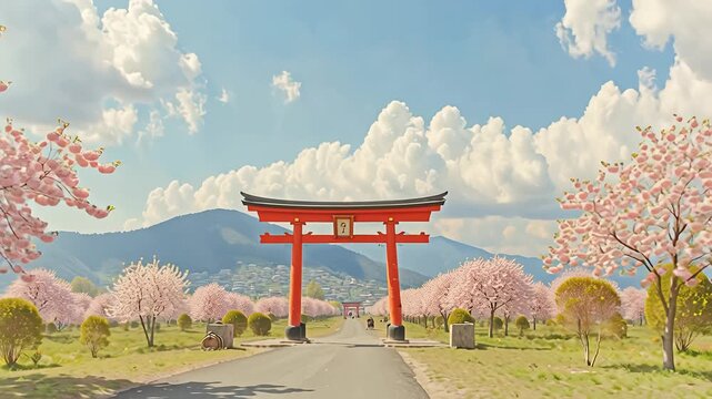 Scenic view of a traditional red gate framed by blooming cherry trees under cloudy sky