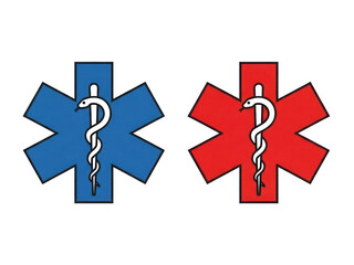 Obraz premium Two medical star of life symbols, blue and red, for emergency services isolated on transparent background