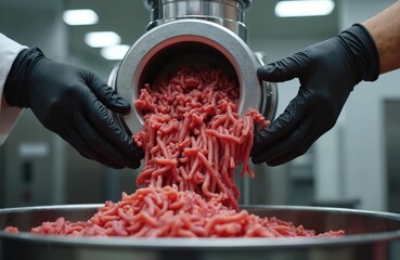 Worker wearing black gloves operates metal meat grinder machine. Fresh raw red beef comes out, falling into large steel bowl. Shows food production, preparing minced meat at modern factory butcher