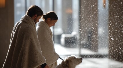 Man and a woman standing in front of a large window, both wearing white bathrobes. the man is on the left side of the image, with his back to the camera, and the woman on the right side.