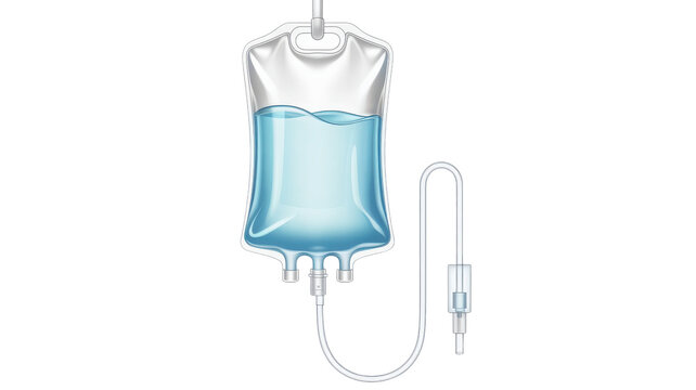 Iv bag with blue fluid and drip system isolated on white background