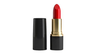 A single red lipstick with black cap, gold rim, against a black background