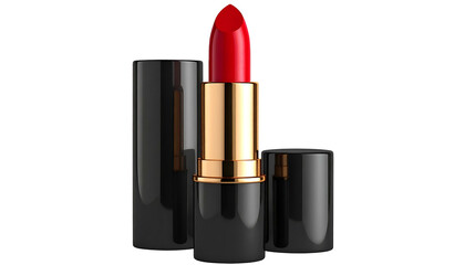 A vibrant red lipstick in a glossy black and gold case, partially opened, against a black backdrop