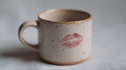 Close-up of a ceramic mug with a handle. the mug is light brown in color with a speckled texture. on the mug, there is a red lipstick print in the shape of a kiss.