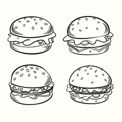 Outlined burger set shows patties, cheese, lettuce, and sesame seed buns in monochrome