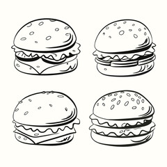 Outlined burger snacks are presented in a clean collection, ideal for fast food menus