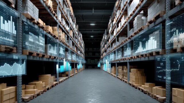 Warehouse filled with boxes and digital displays showing data and analytics for inventory management in a busy logistics environment