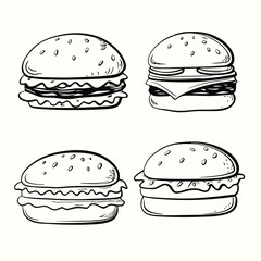 Four outlined burgers with sesame buns present variety and delicious potential experiences here