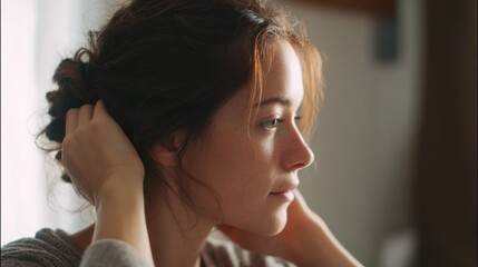 Fototapeta premium Close-up portrait of a young woman with shoulder-length brunette hair. she is sitting in front of a window with her head tilted slightly to the side, with her hand resting on her chin.