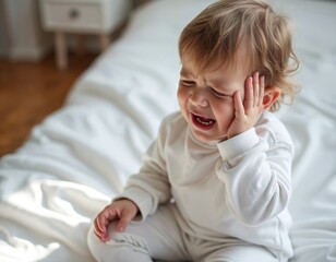 Little boy cries holding hand to ear indicating discomfort. Child feels unwell with painful ache, possibly related to ear or tooth sensitivity. Shows distress.