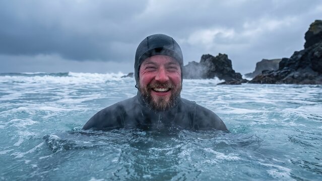 Man in a wetsuit smiling in rough ocean water with stormy skies and rugged coastal rocks in the background. - Powered by Adobe