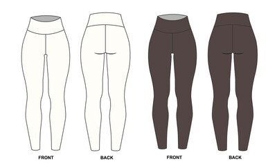 Collection of  illustrations of leggings, front and back views. Fashion sketch of cycling leggings for women, white and brown colors. Set of clothing templates for sports, yoga, Pilates, running