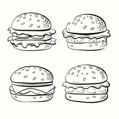 Four stylized burgers with sesame seed buns share simple black and white line drawing