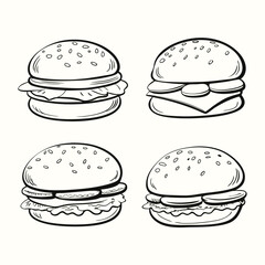 Four burgers with lettuce, cheese, and tomato are illustrated in black and white