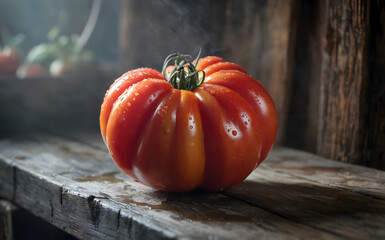 Cinematic close up of fresh heirloom tomato, wet red vegetable on wooden table, dark rustic background, steam, farm organic food concept, raw, ripe, healthy, ribbed, tasty, blurred.