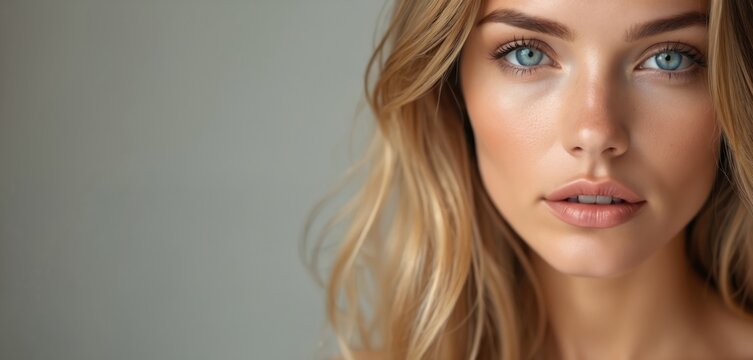 Young woman with blonde hair and blue eyes. Closeup of face with smooth skin looking at camera. Natural beauty with healthy facial skin. Studio shot with soft light on grey background.