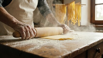 A close-up shot of an elderly person rolling out fresh pasta dough with a wooden rolling pin.
