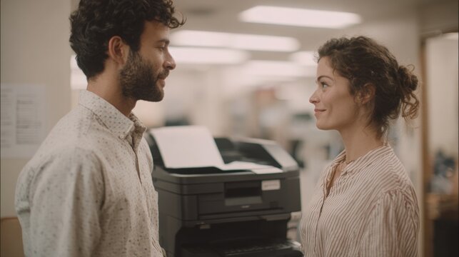 Man and a woman standing in an office, facing each other and looking at each other. the man is on the left side of the image, wearing a white shirt with a floral pattern.