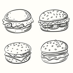 Four monochrome burger drawings showcase diverse fillings and sesame seed placement on light background