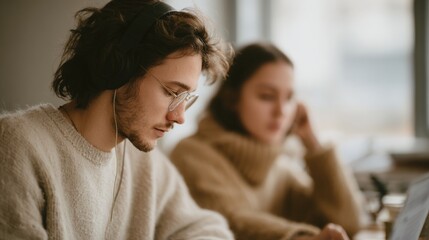Young man and woman sitting at a table in a cafe or restaurant. the man is wearing a beige sweater and has a pair of headphones on his head.
