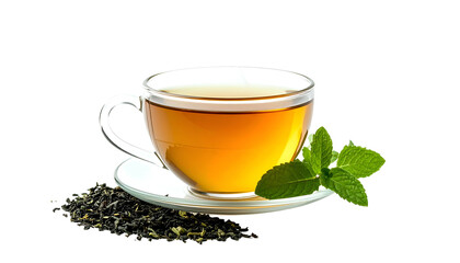 A clear teacup with tea, saucer, mint leaves, and loose tea leaves, all against black