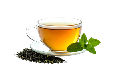 A clear teacup with tea, saucer, mint leaves, and loose tea leaves, all against black