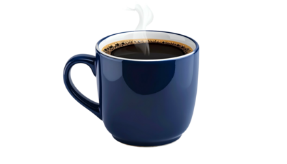 Dark blue mug filled with hot black beverage, steam rising against a black background