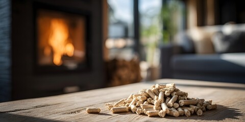 Wood pellets on a rustic wooden surface in front of a burning fireplace. The warm glow of the fire creates a cozy and inviting atmosphere, symbolizing sustainable and eco-friendly heating.
