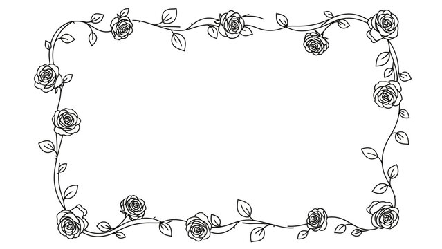 Elegant floral frame with roses and leaves in a minimalist line art style design