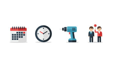 Planning and teamwork concept shown with flat icons for calendar scheduling, time management, tools for work, and employee recognition.