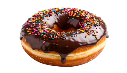 Isolated image of a glazed donut with chocolate frosting and colorful sprinkles