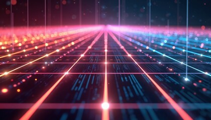 Abstract digital grid with glowing neon lines, points recedes into dark space. Data streams, particles create futuristic, tech-focused background. This offers sense of depth, digital movement.