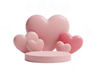 Pink hearts and podium on a black background, 3d rendering isolated on transparent background
