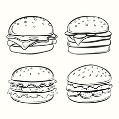 Four burger sketches present different styles with seed buns and varied fillings