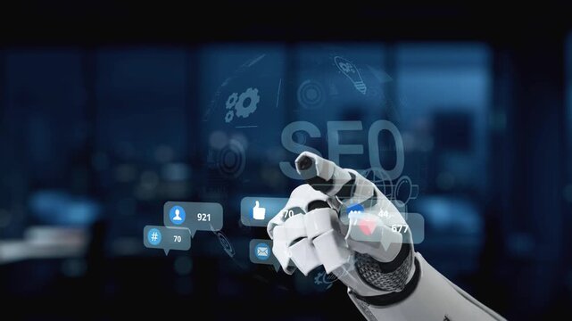 A robotic hand interacts with various social media icons in a digital interface, illustrating technology role in modern communication and social interaction. Synapse