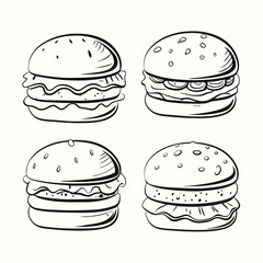 Four monochrome burger sketches showcase varying ingredients and styles on a plain background